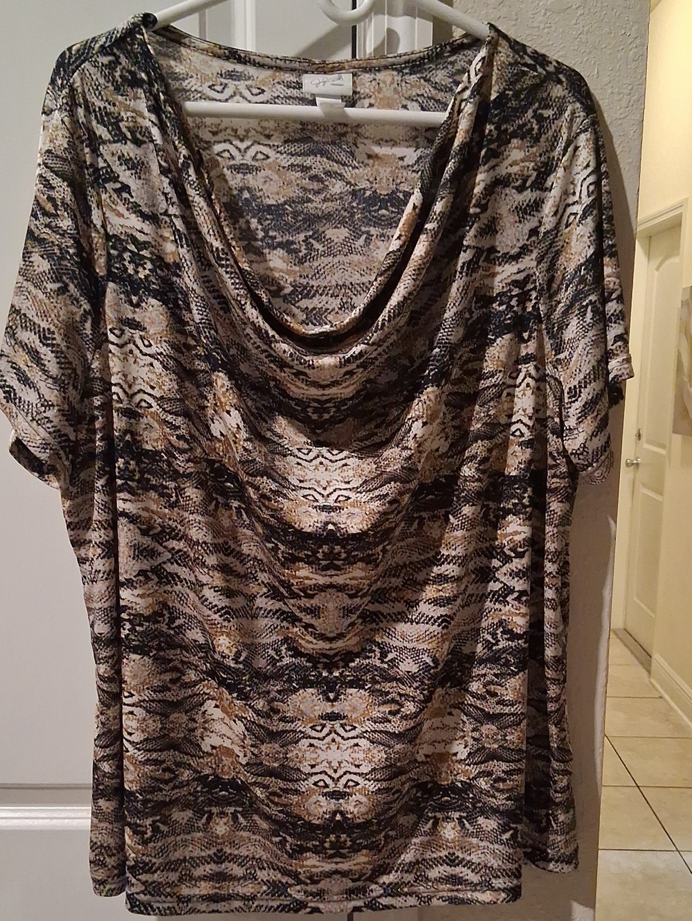 Jaclyn Smith Neutral Abstract Cowl Neck Short Sleeve Top
